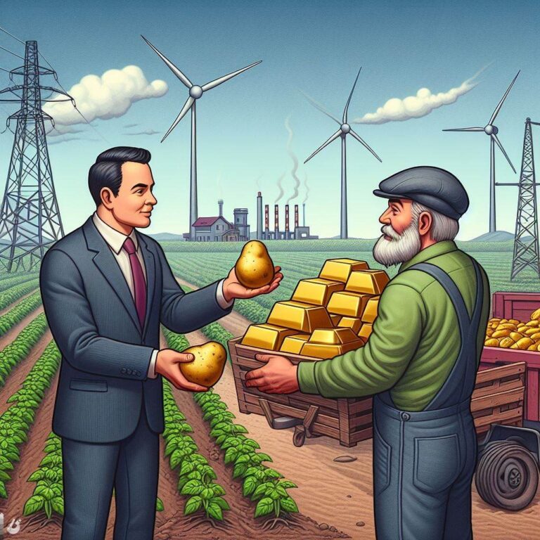 A farmer is handing over a container of gold bars to a businessman in a suit who is offering 2 potatoes in exchange for the gold. In the background are powerlines, wind turnbines and a power station. 